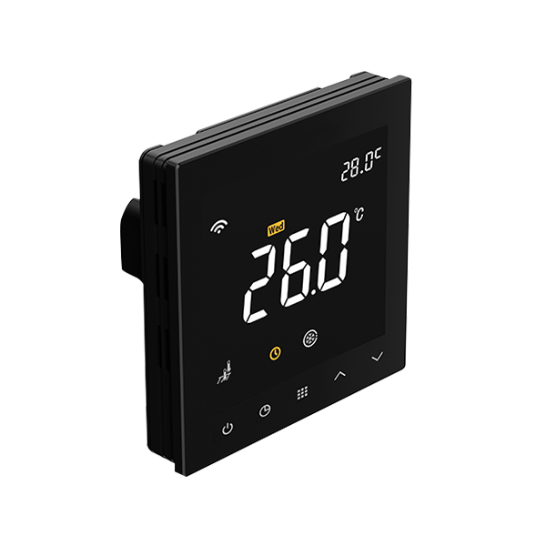High precision hydronic thermostat left side view highlighting slim wall-mount profile