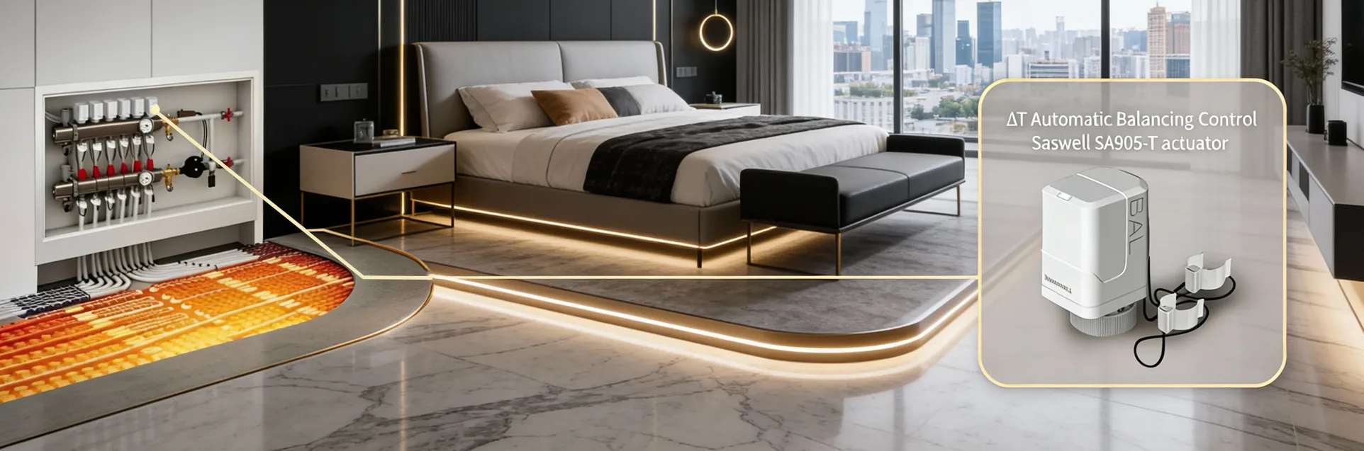 Closed-loop feedback system for real-time return water temperature management in underfloor heating circuits.