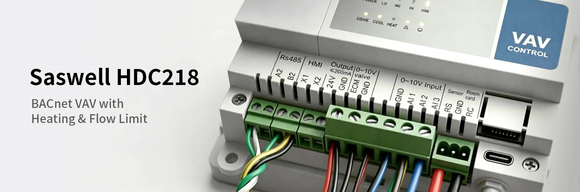 Saswell HDC218 BACnet VAV controller with multi-zone heating and airflow limiting features