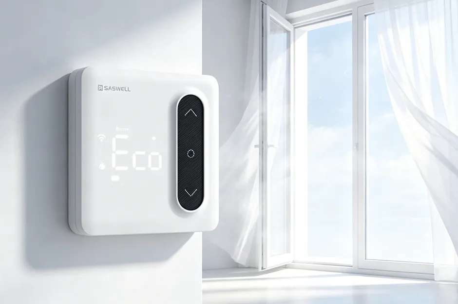 Smart thermostat automatically switching to energy-saving mode during sudden temperature drops from an open window.