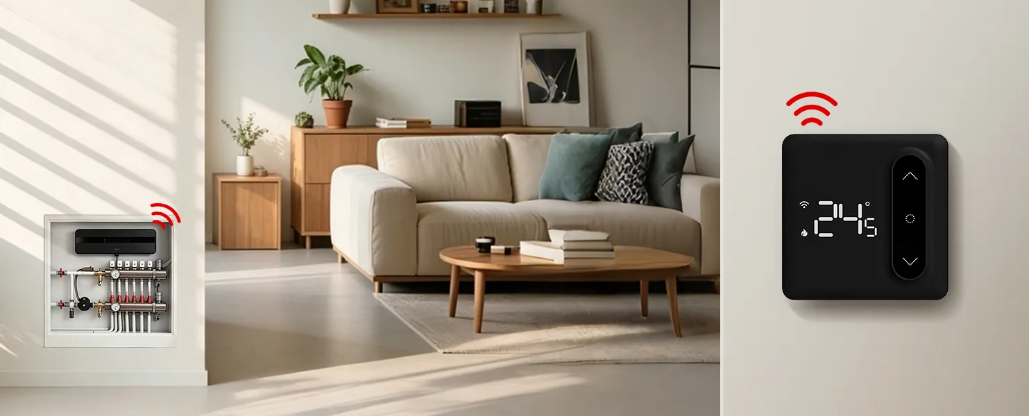 Living room installation view of SAS936BWCHB wireless multi-zone hydronic thermostat