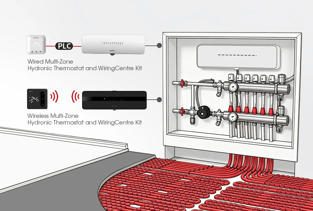 Wired and wireless hydronic thermostat application scene