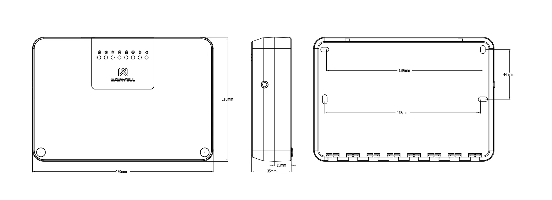 Product dimension drawing for SCU210 5-zone wiring center