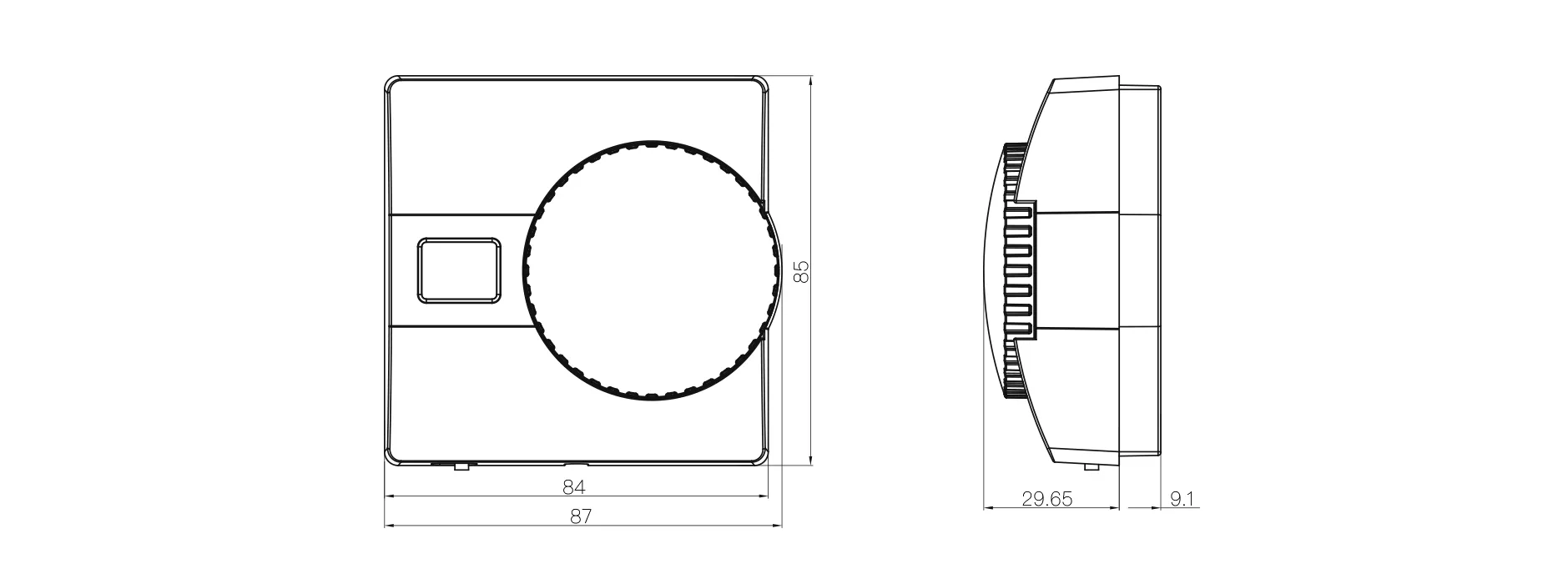 Product dimension drawing for SAS816WHB manual rotary dial boiler thermostat