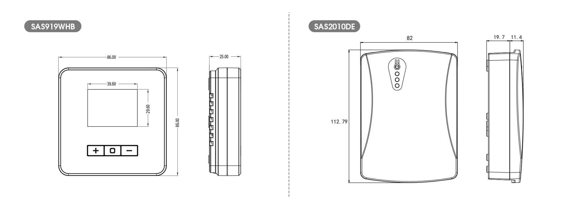 Product dimension drawing for SAS919WHB non-programmable boiler thermostat