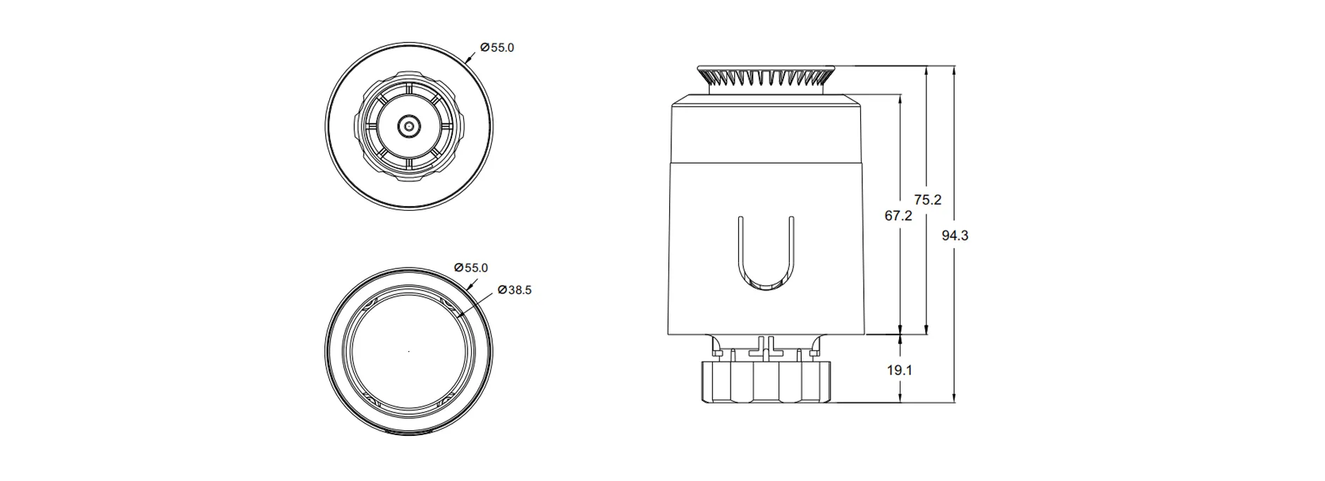 Product dimension drawing for SEA802 Zigbee smart thermostatic radiator valve