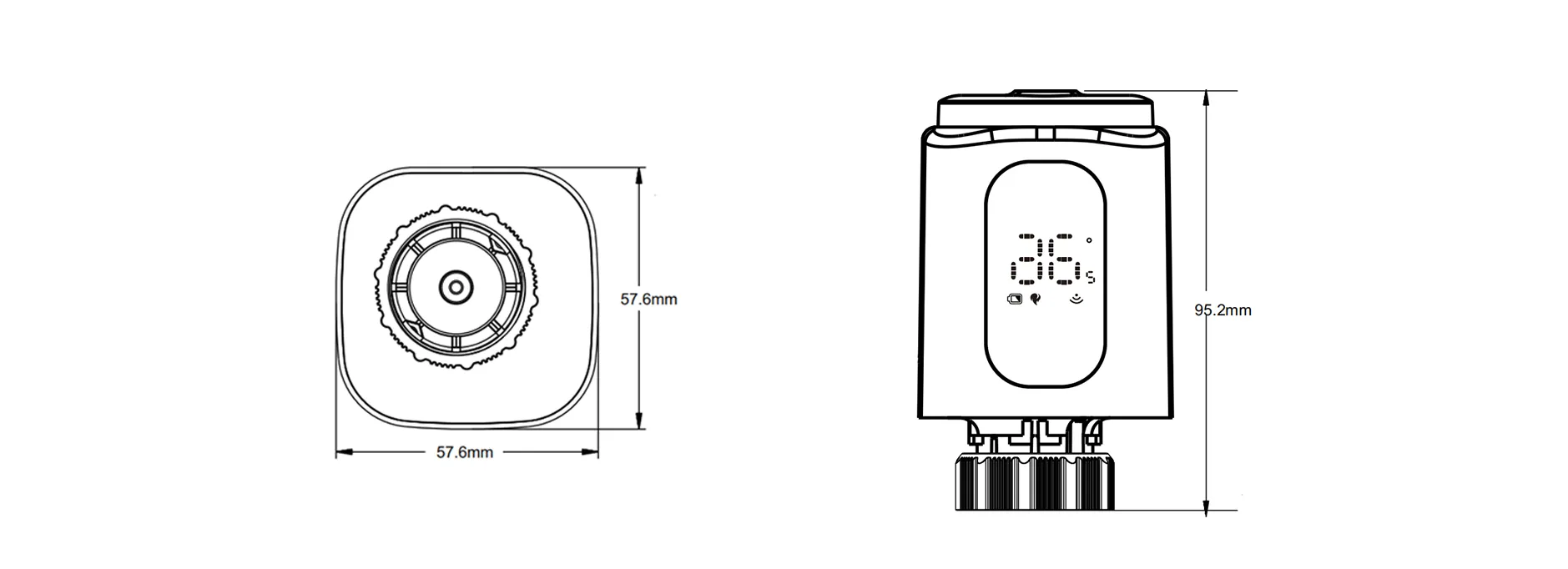 Product dimension drawing for SEA889 LoRaWAN smart thermostatic radiator valve