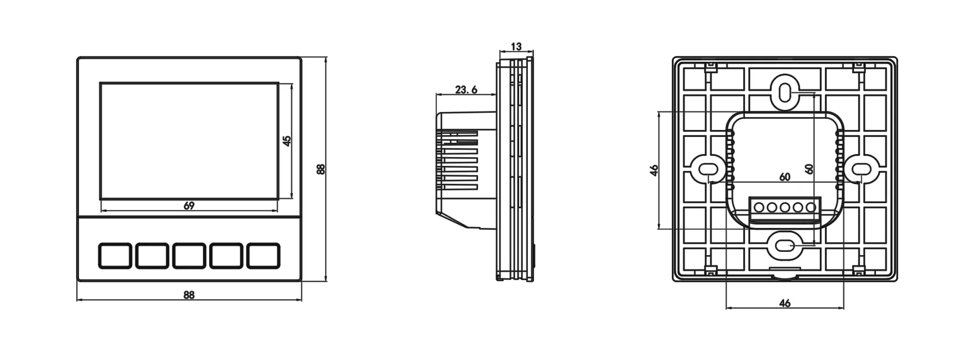 Product dimension drawing for SAS920FCT LoRaWAN fan coil thermostat with energy metering